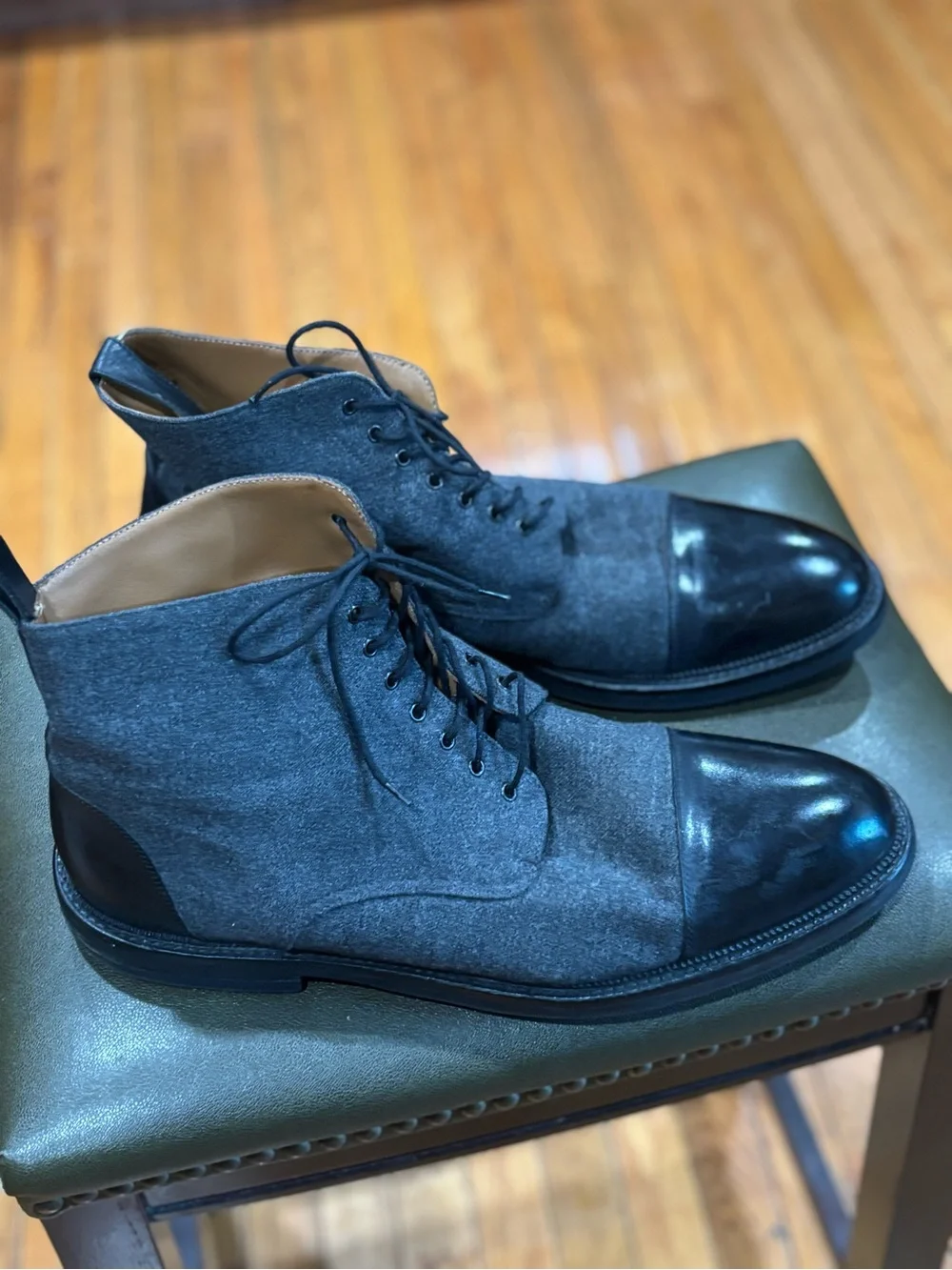 Taft The Jack Boots Grey Wool Black Leather Mens Size EU 46 US 13 Preowned